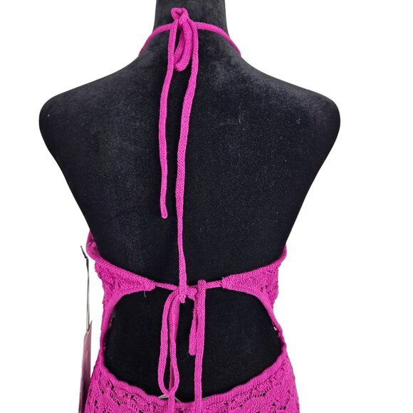 Womens 1X Crochet Halter Midi Bodycon Dress Tie Back In Magenta Sexy Beach - Picture 6 of 11